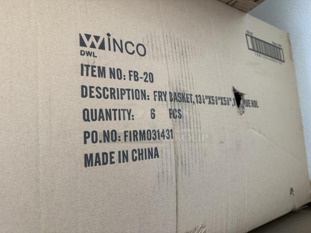 Box containing six new Winco DWL FB-20 medium fry baskets, 13.5"x5.5"x5" size, with blue handles. Made in China.