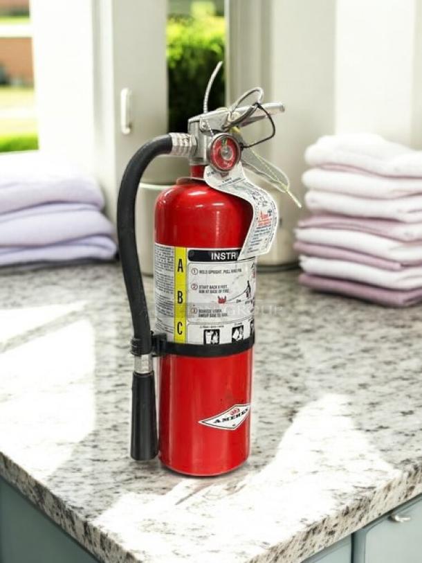 Amerex B500 fire extinguisher, 5 lb, ABC-rated, excellent condition, with visible instruction labels, on granite countertop.