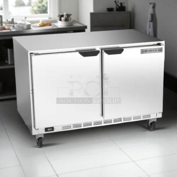 Beverage-Air UCR48 undercounter refrigerator, prime condition, stainless steel, 115V, fully tested, dual doors, on casters.