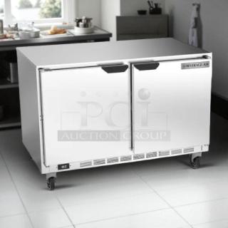 Beverage-Air UCR48 undercounter refrigerator, prime condition, stainless steel, 115V, fully tested, dual doors, on casters.