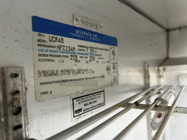 Beverage-Air UCR48 undercounter refrigerator label, showing model, refrigerant type HFC134A, 115V, fully tested, prime condition.