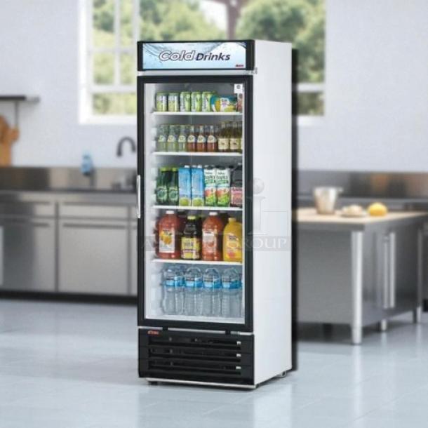 Turbo Air TGM-22RV(B)-N6 glass door merchandiser cooler, 20.3 cu.ft, immaculate condition, fully tested, stocked with beverages.
