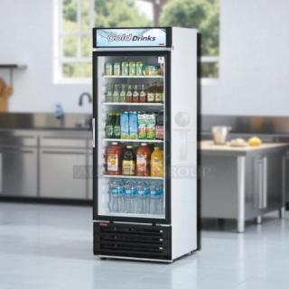 Turbo Air TGM-22RV(B)-N6 glass door merchandiser cooler, 20.3 cu.ft, immaculate condition, fully tested, stocked with beverages.