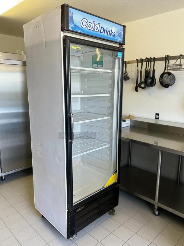 Turbo Air TGM-22RV(B)-N6 glass door merchandiser cooler, 20.3 Cu.Ft, immaculate, fully tested, signage reads "Cold Drinks."