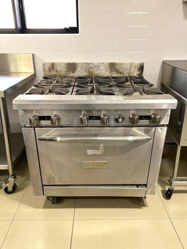 Royal Range RR-6 36" 6-burner gas range in superb condition; fully tested and working; durable stainless steel.