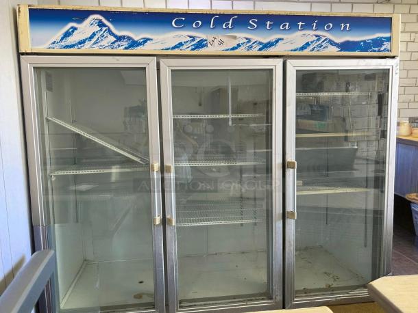 Blue Air BAGR72 3-door merchandising refrigerator in pristine condition, tested & working, 115V, labeled "Cold Station."