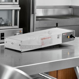 Brand new ServIt SWI-18CPMT strip warmer, 18" high wattage, infinite controls, 120V/350W, original packaging, caution label.