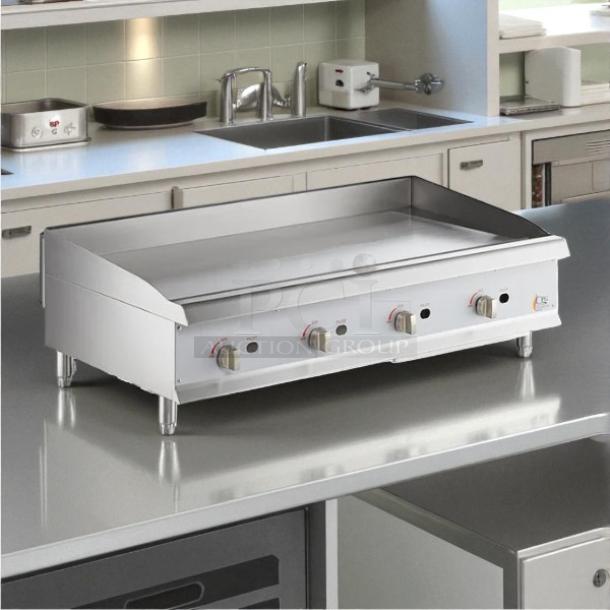 Cooking Performance Group GM-CPG-48-NL 48" gas griddle, prime condition, 120,000 BTU, fully tested, four control knobs.