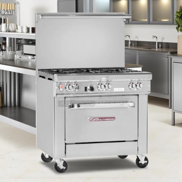Pristine Southbend S36D 36" 6-burner gas range with oven, fully tested, excellent condition, model S36D.
