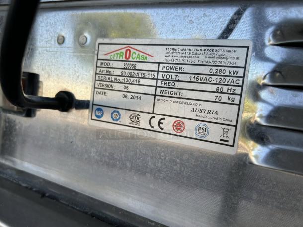 Citrocasa 8000SB-ATS Advance citrus juicer label, superb condition, 115V, 0.280 kW, serial no. 130.415, made in Austria.