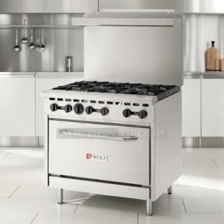 Wolf 36" 6-burner gas restaurant range, natural gas, standard oven, prime condition, fully tested and working.