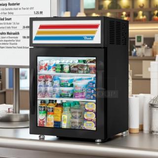 True GDM-05-LD single door glass refrigerator in superb condition, fully stocked, 115V, fully tested, multicolor panel.