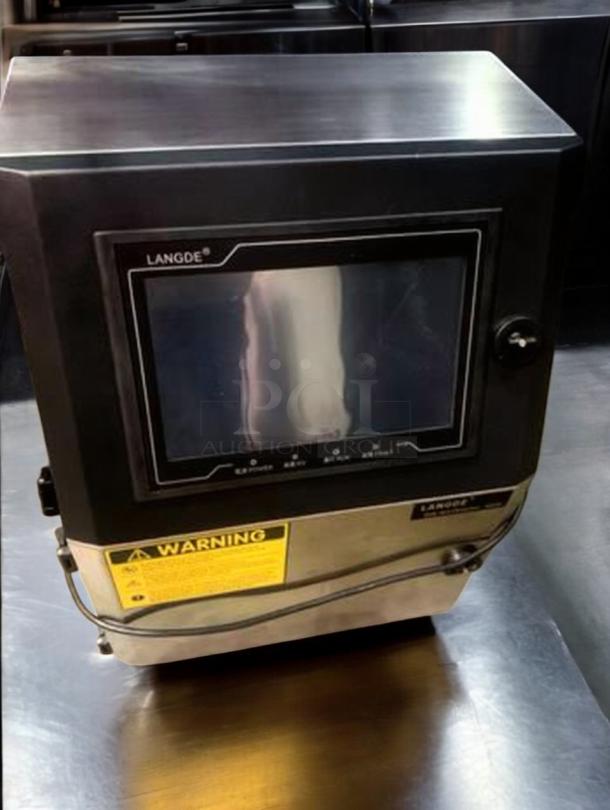 Tang Machinery LANGDE inkjet printer for batch/date coding, superb condition. Features display screen, warning label visible.