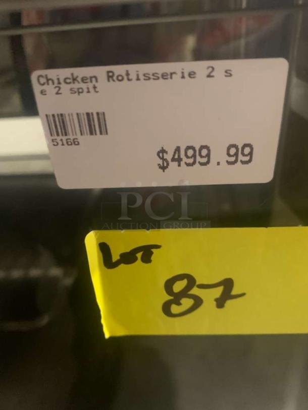 Commercial 2-spit electric chicken rotisserie oven, fully tested, great condition, priced at $499.99, lot 87.