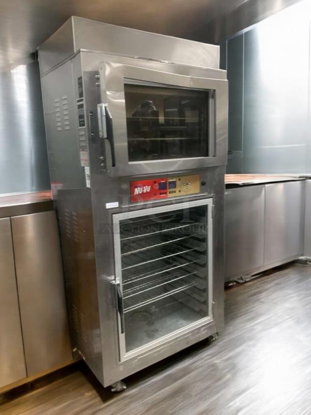 Nu-Vu SUB-123P electric oven/proofer combo, pristine condition, 208V, fully tested. Features stainless steel design, clear glass doors, control panel with Nu-Vu branding.