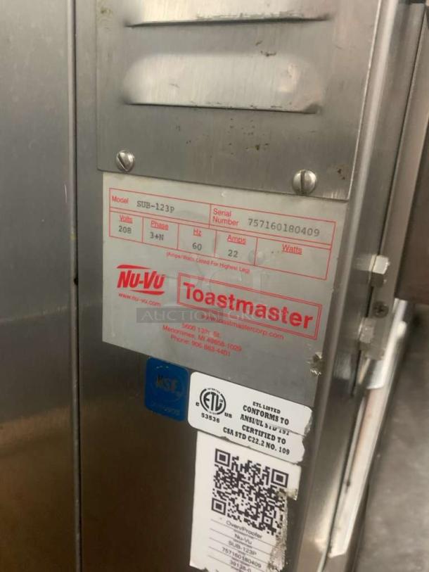 Nu-Vu SUB-123P Electric Oven/Proofer Combo, 208V, pristine condition, fully tested. Model SUB-123P, Serial 757160180409.