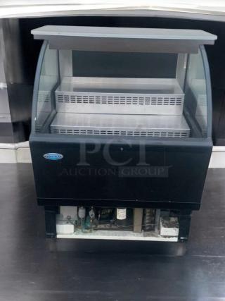 Federal Industries refrigerated open display case, prime condition, fully tested, with black finish and clear glass panels.