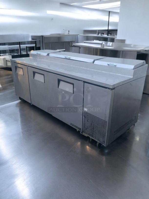 True TPP-93 refrigerated pizza prep table, 93", prime condition, stainless steel, 115V, True Manufacturing, fully tested.