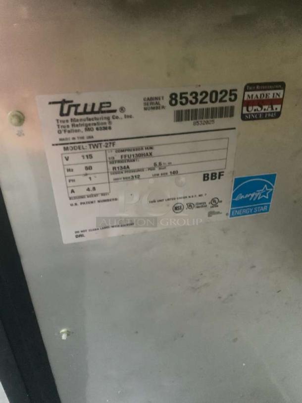 True TWT-27F one-door worktop freezer label, Model: TWT-27F, 115V, Energy Star certified, NSF approved, Made in USA.