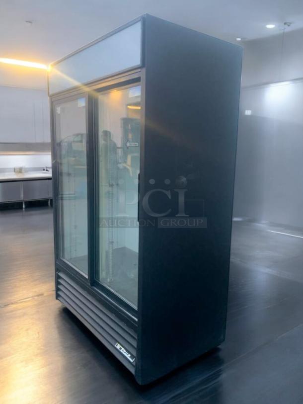 True GDM-45 2-door glass merchandiser refrigerator, outstanding condition, 115V, fully tested, black finish, True logo on grille.