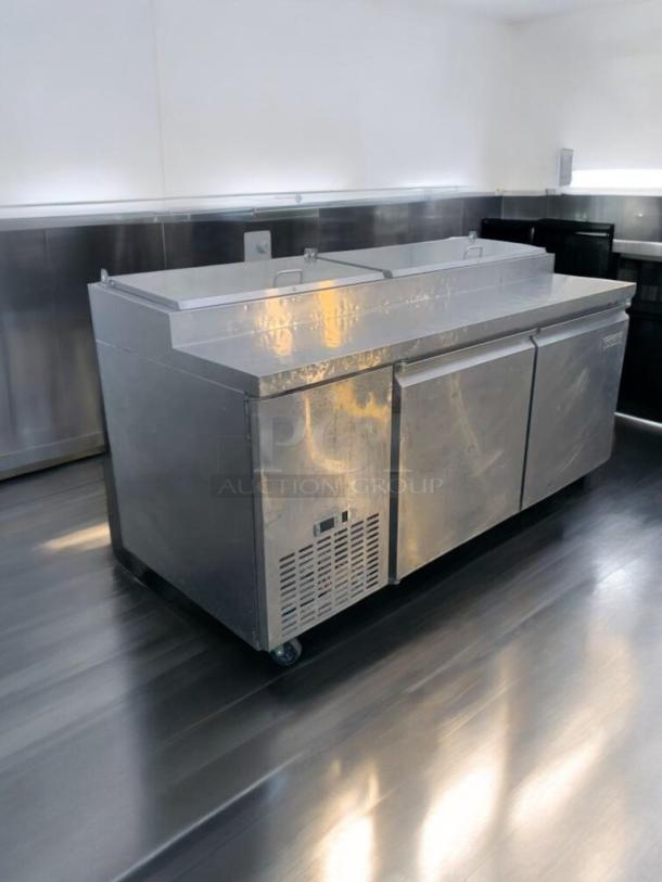 Delfield UCD4448N, 48" refrigerated pizza prep table, stainless steel, pristine condition, tested, 115V, on casters.