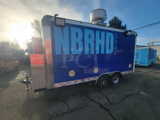 2021 16' Quality tandem-axle mobile commercial food trailer by NBRHD Kitchens with branding and heavy-duty electrical setup.