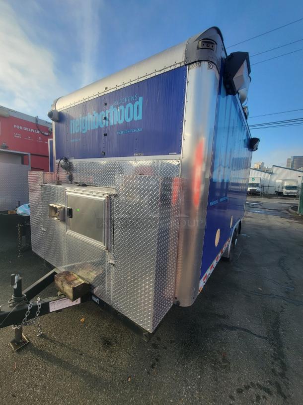 2021 16' Quality food trailer, "Neighborhood Kitchens" branding, diamond plate exterior, designed for ghost kitchen use.