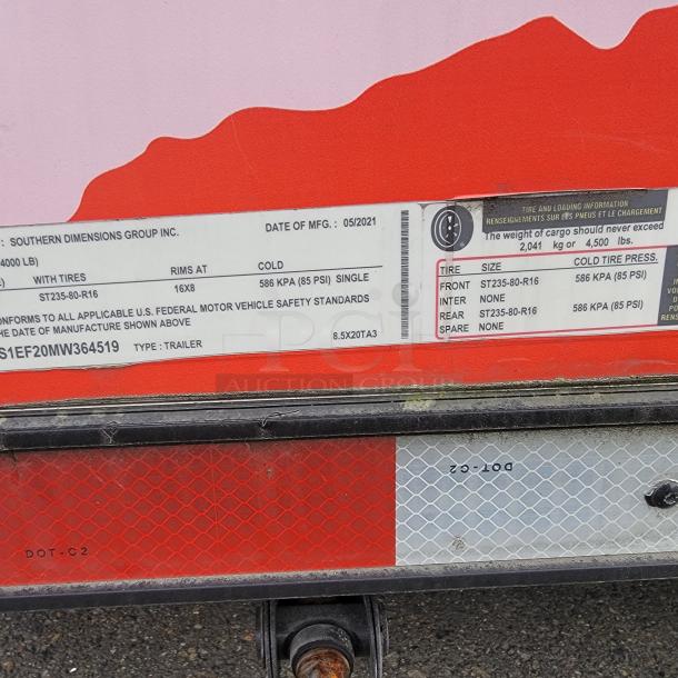 Label on 2021 SDG 'Goodees' Trailer showing specifications: tire size ST235-80-R16, pressure 586 KPA, VIN 4S9S1EF20MW364519.