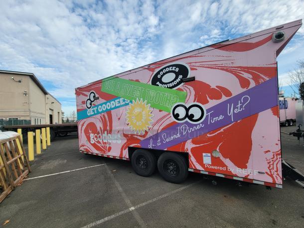 Pink & Pop! 2021 SDG 'Goodees' Trailer with vibrant wrap, rear access doors, and "Powered by REEF" marking; VIN: 4S9S1EF20MW364519.
