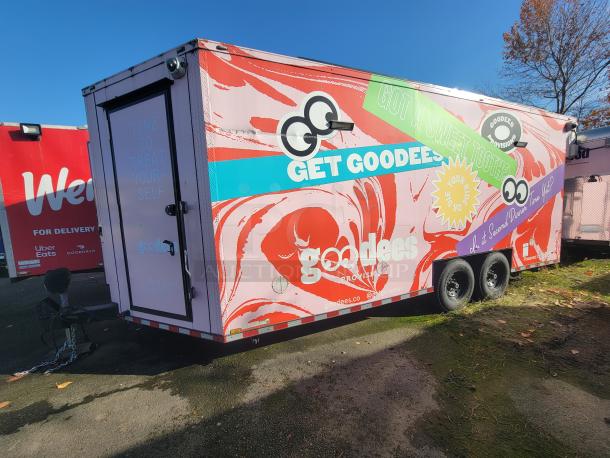 Pink and multi-color 2021 SDG "Goodees" retail/food trailer, vibrant wrap, three rear doors, security camera, VIN: 4S9S1EF20MW364519.