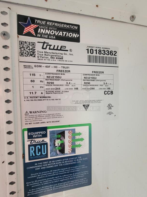 True Refrigeration label on GDM-43F-HC-TSL01 Freezer, featuring R290 refrigerant and RCU Technology, cabinet serial 10183362.