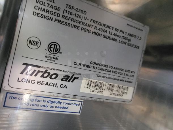 Turbo Air refrigerator label, model TSF-23SD. Displays certifications and maintenance note on digitally controlled cooling fan.