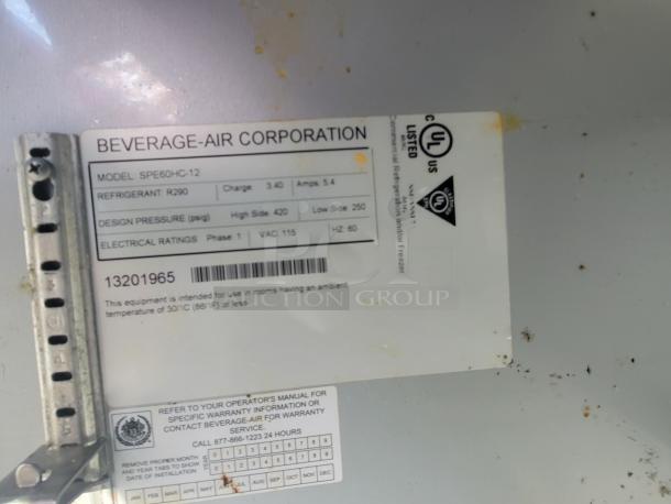 Label on Beverage-Air Refrigerator, model SPE60HC-12, showing specs: R290 refrigerant, 420/250 psi pressure, 115 VAC, UL listed.