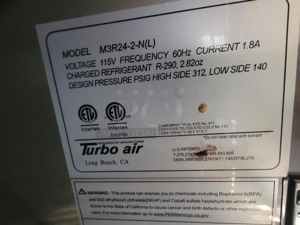 Label on Turbo Air refrigeration unit, Model M3R24-2-N(L), 115V, 60Hz. Uses refrigerant R-290, 2.82oz. ETL certified.