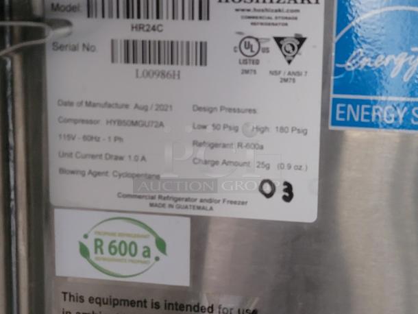 Hoshizaki HR24C label detailing the model, serial number L00986H, August 2021 manufacture, and R-600a refrigerant.