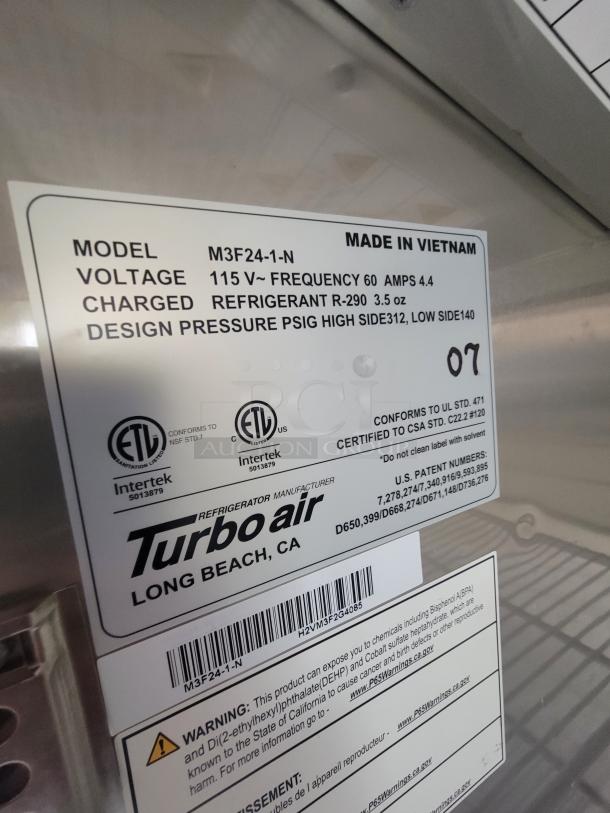 Label showing Turbo Air refrigerator model M3F24-1-N, 115V, made in Vietnam. Includes ETL and Intertek certifications.