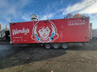 2021 Texino 28-ft food trailer with Wendy's branding, fully equipped with commercial kitchen appliances. Ready for high-volume use.