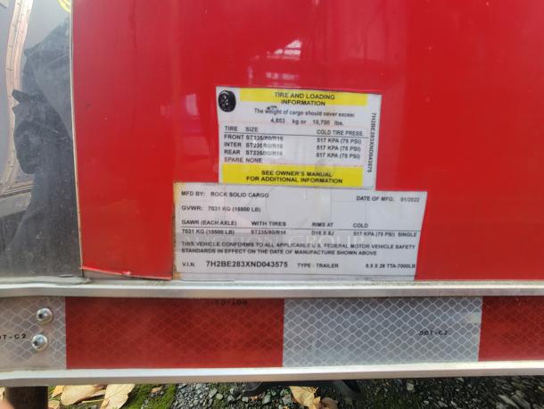 2022 Rock Solid 28' food trailer label showing tire, loading info, and VIN. Pristine, unused condition for high-volume use.
