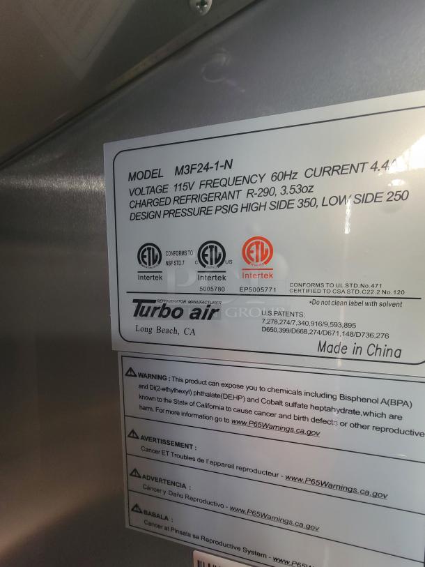 Turbo Air label showing Model M3F24-1-N, voltage 115V, frequency 60Hz, refrigerant R-290, warning details.