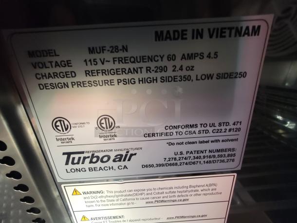 Turbo Air refrigeration unit label, model MUF-28-N, voltage 115V, refrigerant R-290, and conforming certifications.