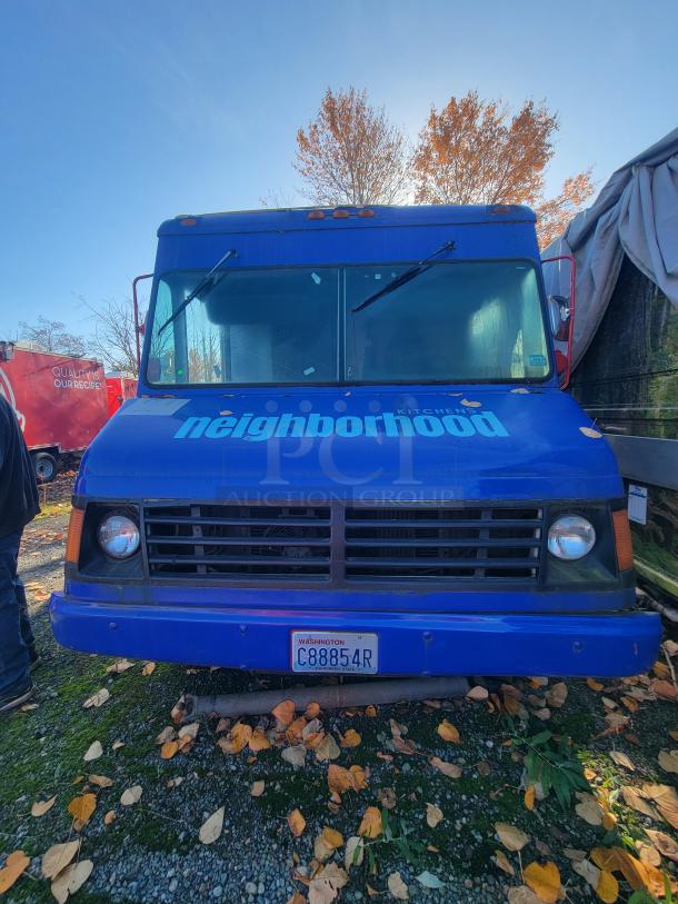 2003 Chevrolet P24 Workhorse food truck in blue, custom-built with commercial kitchen, ready for operation, Washington plates.