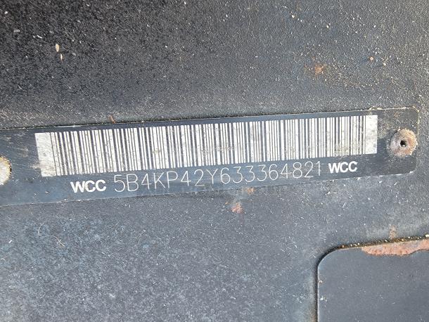 VIN tag of 2003 Chevrolet Workhorse P24 food truck; number reads 5B4KP42Y633364821.