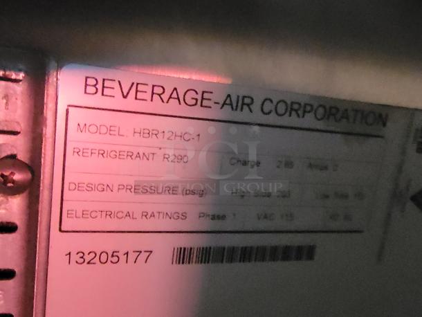 Refrigeration unit label showing Beverage-Air Corporation, Model HBR12HC-1, with refrigerant R290.