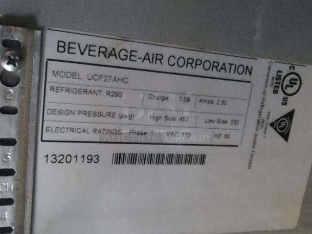 Beverage-Air Corporation label, Model UCF27AHC, refrigerant R290, design pressure high 450 psig, low 250, electrical rating VAC 115.