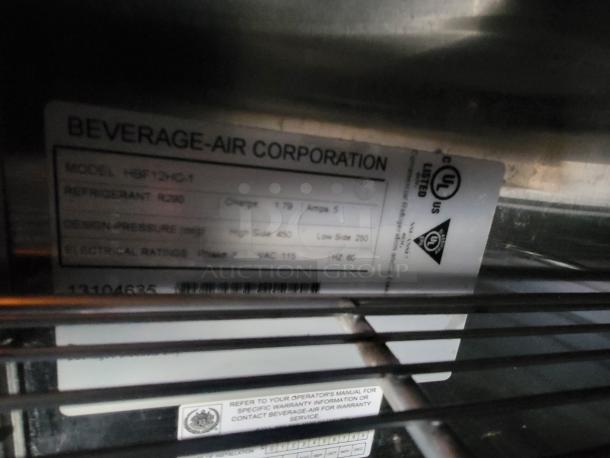 Label on equipment reads: "Beverage-Air Corporation, Model: HBF13HC-1, Refrigerant: R290, Design Pressure: High 450 Low 250, Electrical Ratings: Phase 1 VAC 115, UL Listed."