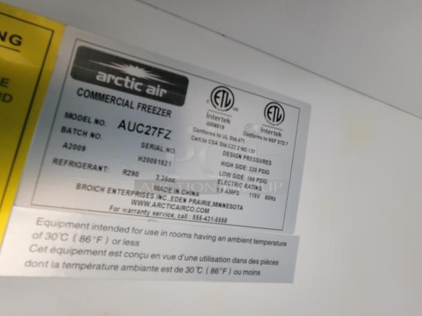 Arctic Air commercial freezer label, model AUC27FZ, batch A2009, serial H20081521, electric rating 1.9 amps, 115V, 60Hz.