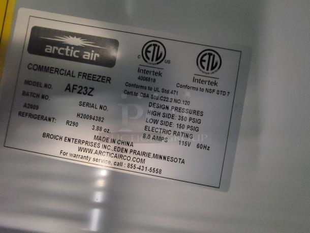 Label shows Arctic Air commercial freezer, model AF23Z, featuring 115V, 60Hz, 8.0A, design pressures 350/150 PSIG.