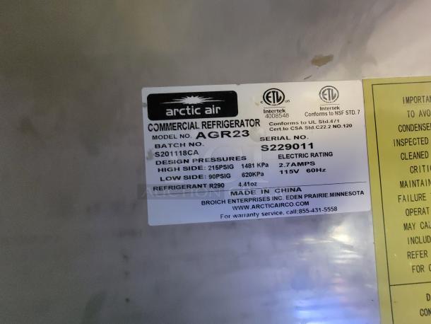 Arctic Air commercial refrigerator label, Model AGR23, Serial S229011, 115V, 60Hz, 2.7 amps, made in China.