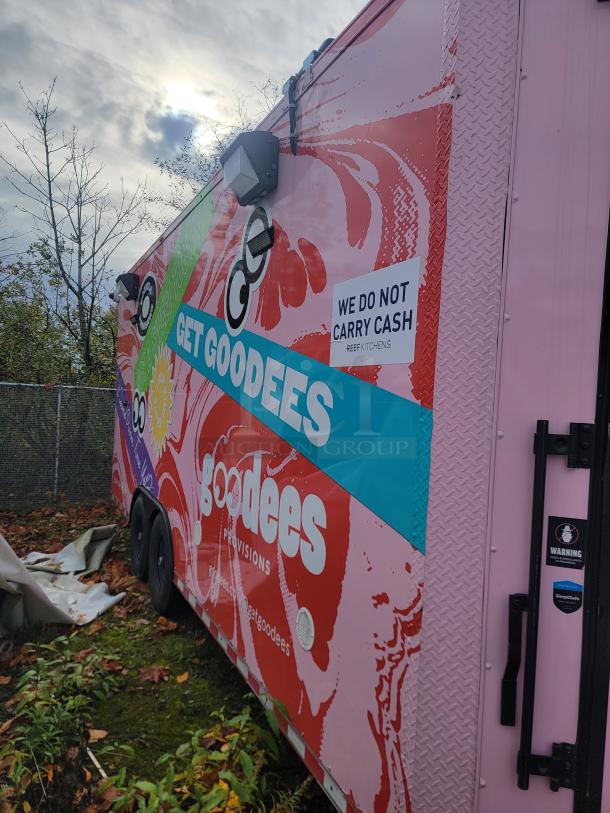 2021 SDG 8.5' x 20' concession trailer with vibrant wrap, "Get Goodees" branding, and "We Do Not Carry Cash" sign.