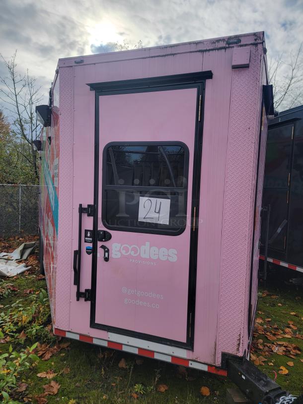 2021 SDG 8.5x20 food concession trailer, pink wrap, "goodees" branding, ideal for selling frozen desserts.